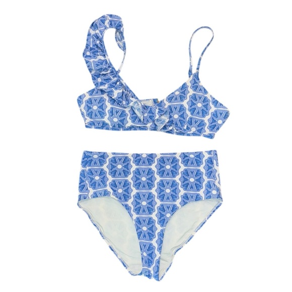 Vineyard Vines Blue White Geometric Print High Waist Ruffle Bikini Set - XS / S
